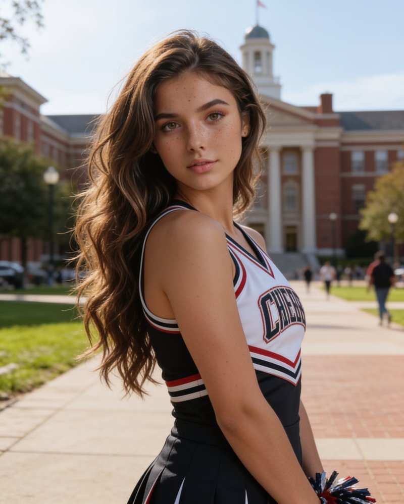 Fictional adult brunette AI companion with a warm, approachable personality